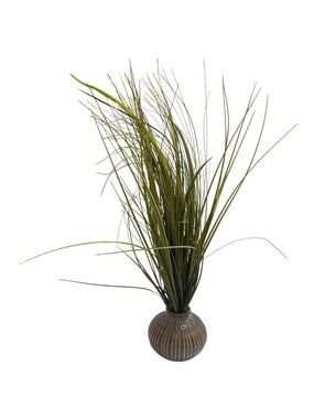 Artificial Grass In Striped Ceramic Vase Decorative Accent Greenery Arrangement